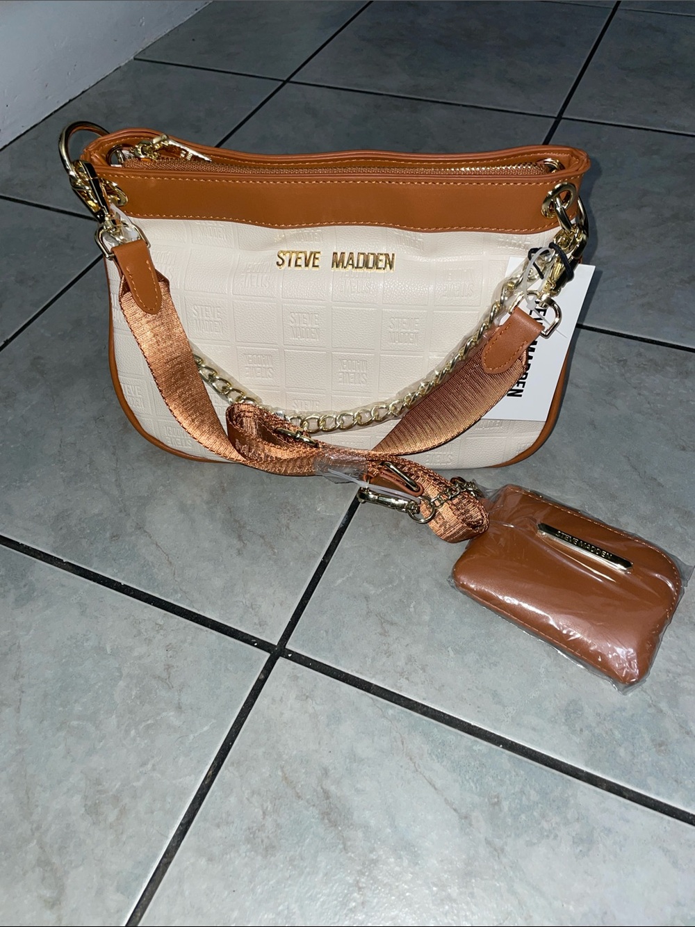 Steve Madden Cream and Tan Shoulder Bag with Gold Hardware